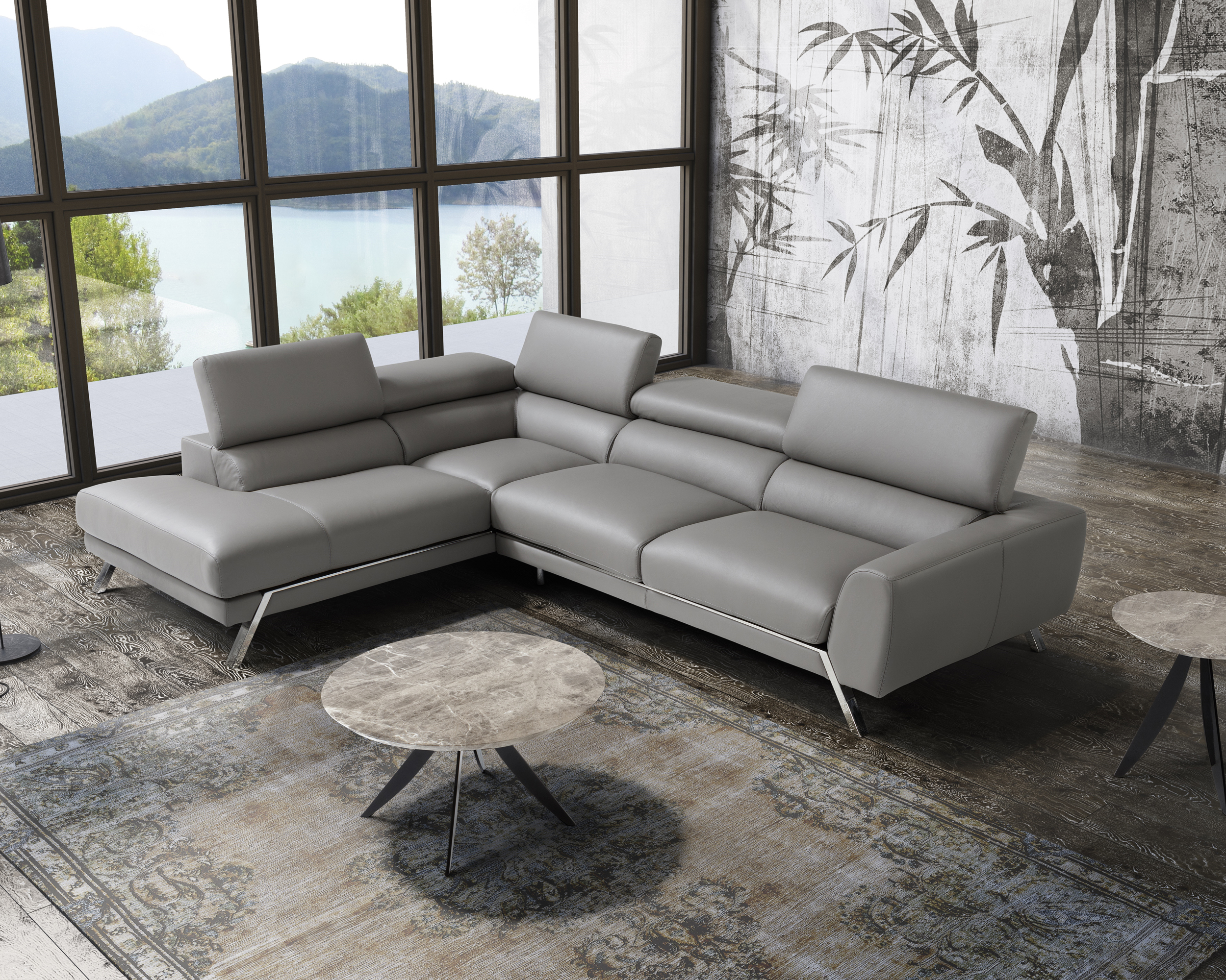 J&M Mood Gray Leather Sectional - Left Hand Facing, Gray