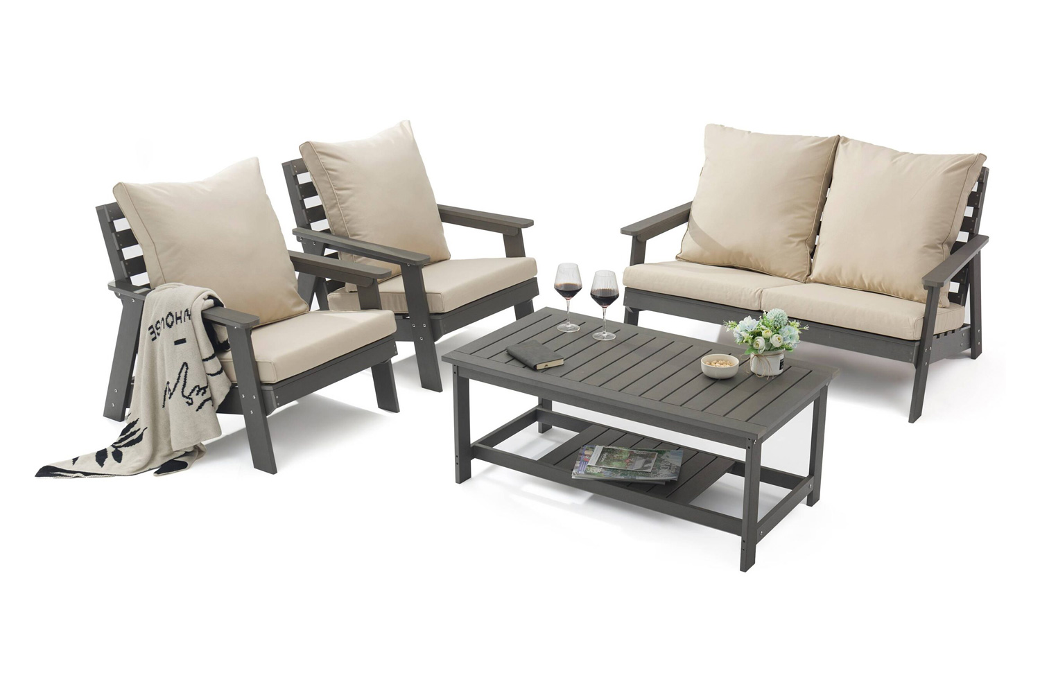 LeisureMod Alpine Modern Polystyrene 4-Peice Patio Conversation Set - Beige