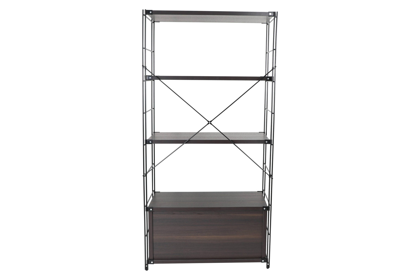 LeisureMod Brentwood Etagere Bookcase With Black Powder Coated Steel Frame And Melamine Board Shelves - Dark Walnut