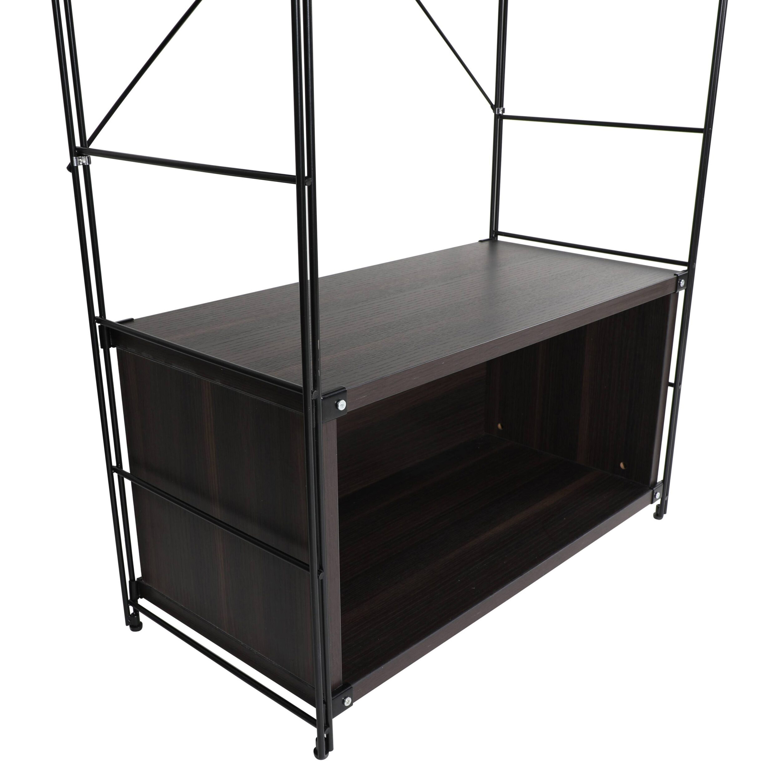 LeisureMod Brentwood Etagere Bookcase With Black Powder Coated Steel Frame And Melamine Board Shelves - Dark Walnut