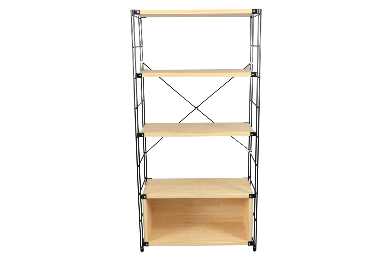 LeisureMod Brentwood Etagere Bookcase With Black Powder Coated Steel Frame And Melamine Board Shelves - Natural Wood