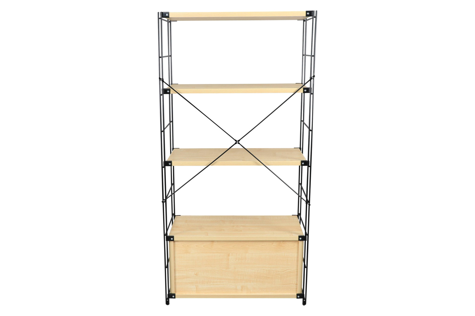 LeisureMod Brentwood Etagere Bookcase With Black Powder Coated Steel Frame And Melamine Board Shelves - Natural Wood