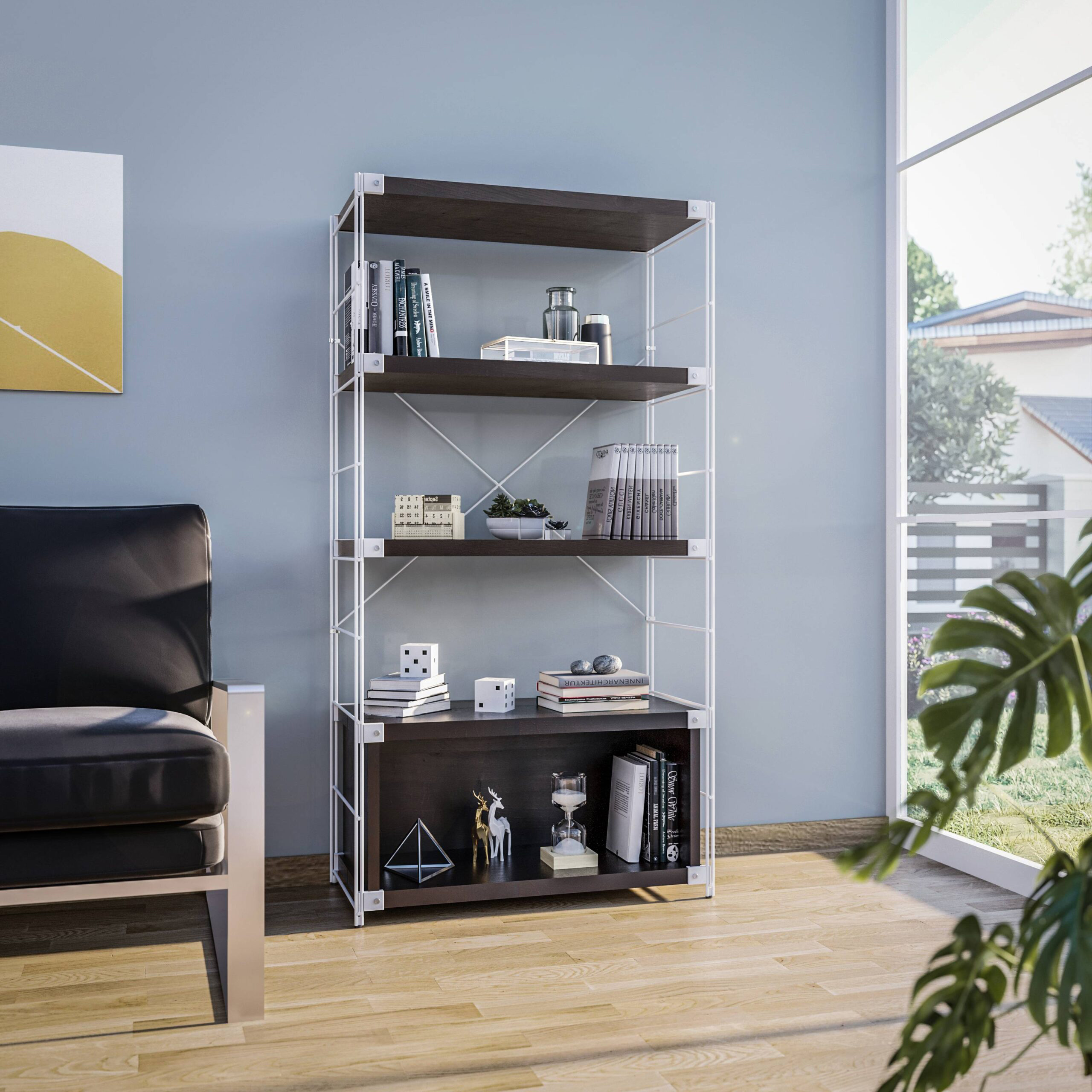 LeisureMod Brentwood Etagere Bookcase With White Powder Coated Steel Frame And Melamine Board Shelves - Dark Walnut