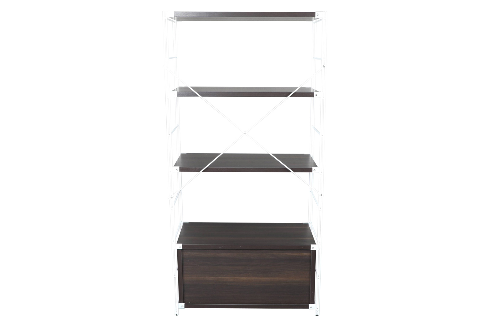 LeisureMod Brentwood Etagere Bookcase With White Powder Coated Steel Frame And Melamine Board Shelves - Dark Walnut