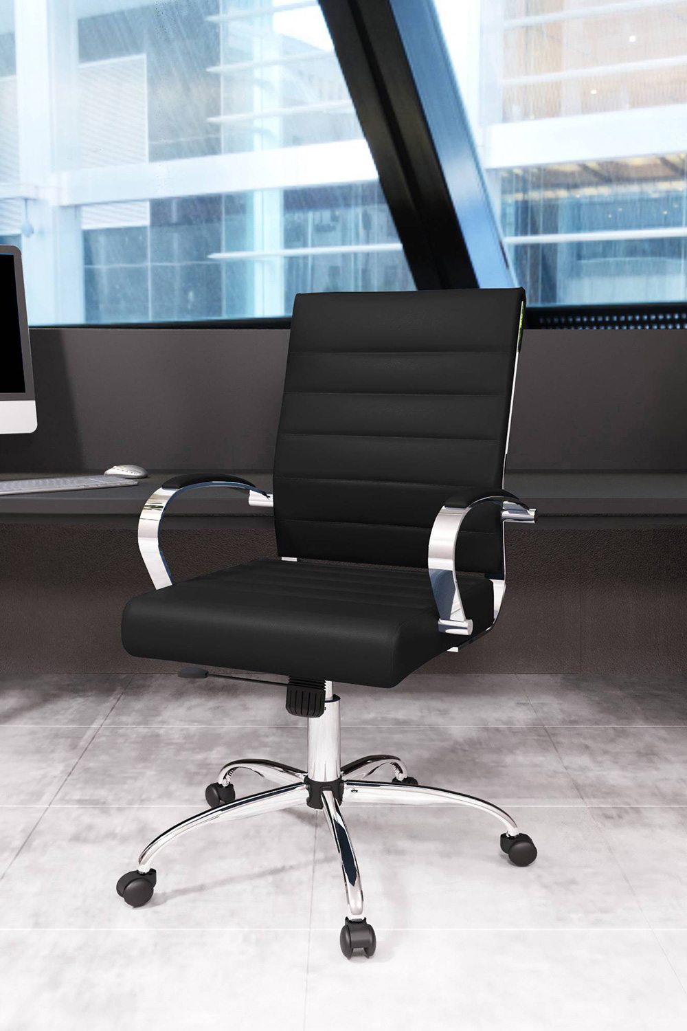 LeisureMod Benmar Home Leather Office Chair with Chrome Frame - Black
