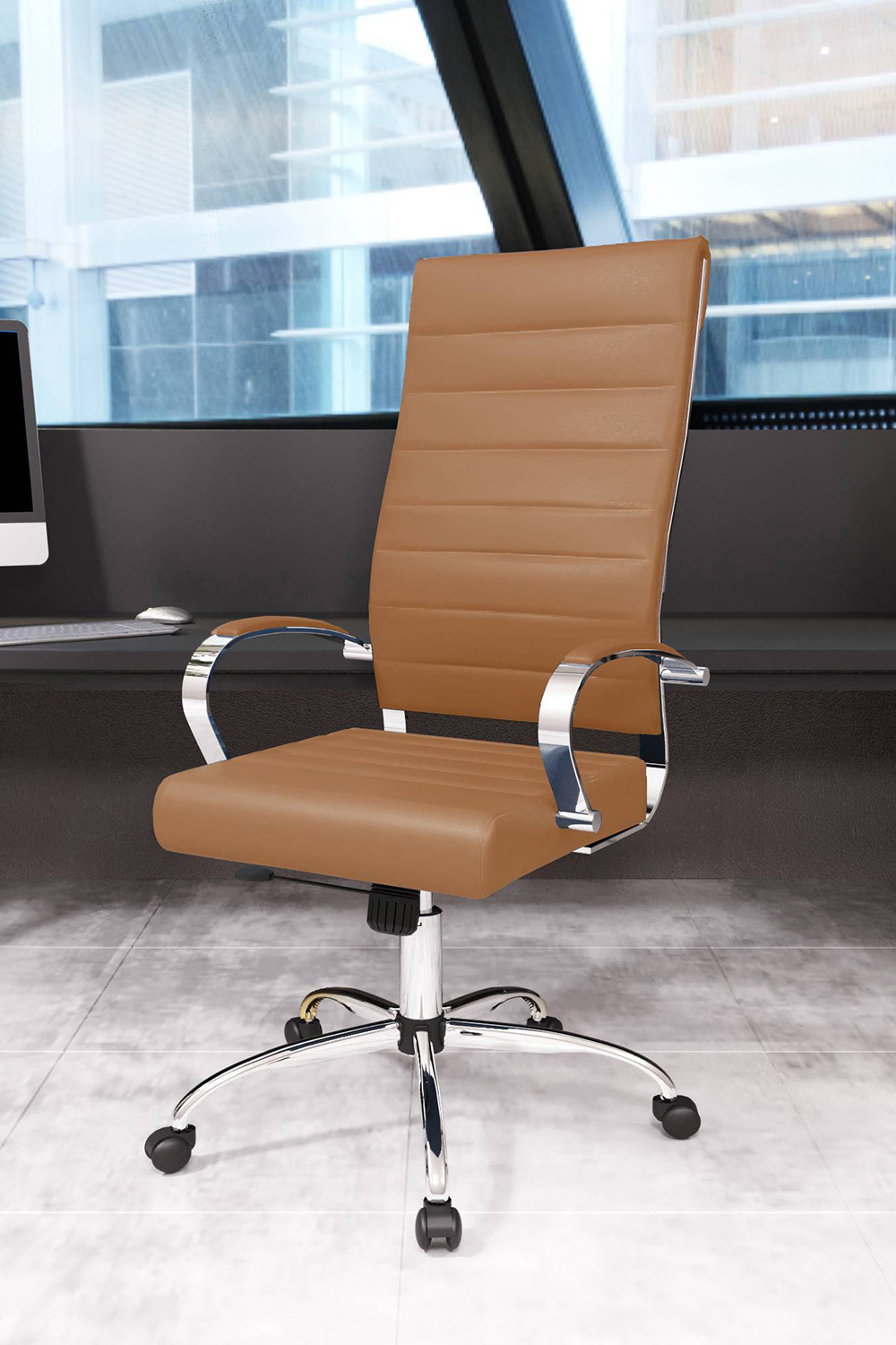 LeisureMod Benmar High-Back Home Leather Office Chair with Chrome Frame - Brown