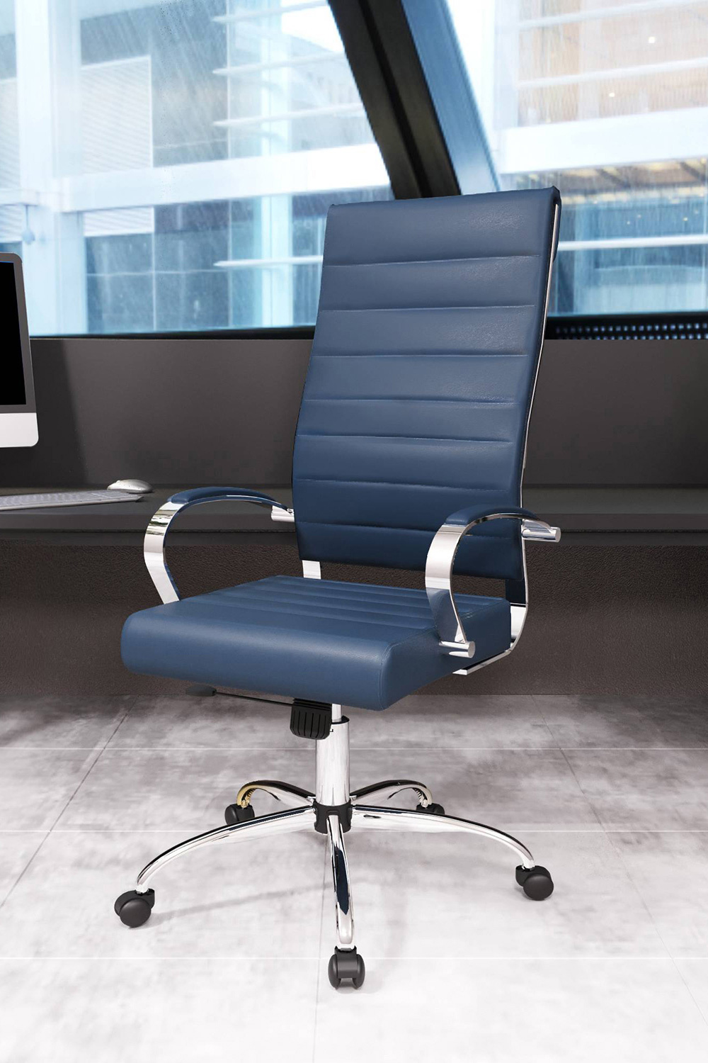 LeisureMod Benmar High-Back Home Leather Office Chair with Chrome Frame - Blue