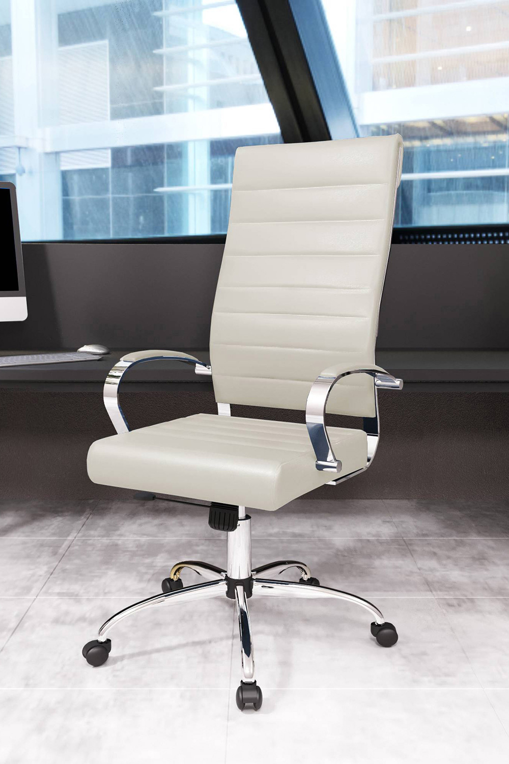 LeisureMod Benmar High-Back Home Leather Office Chair with Chrome Frame - Tan