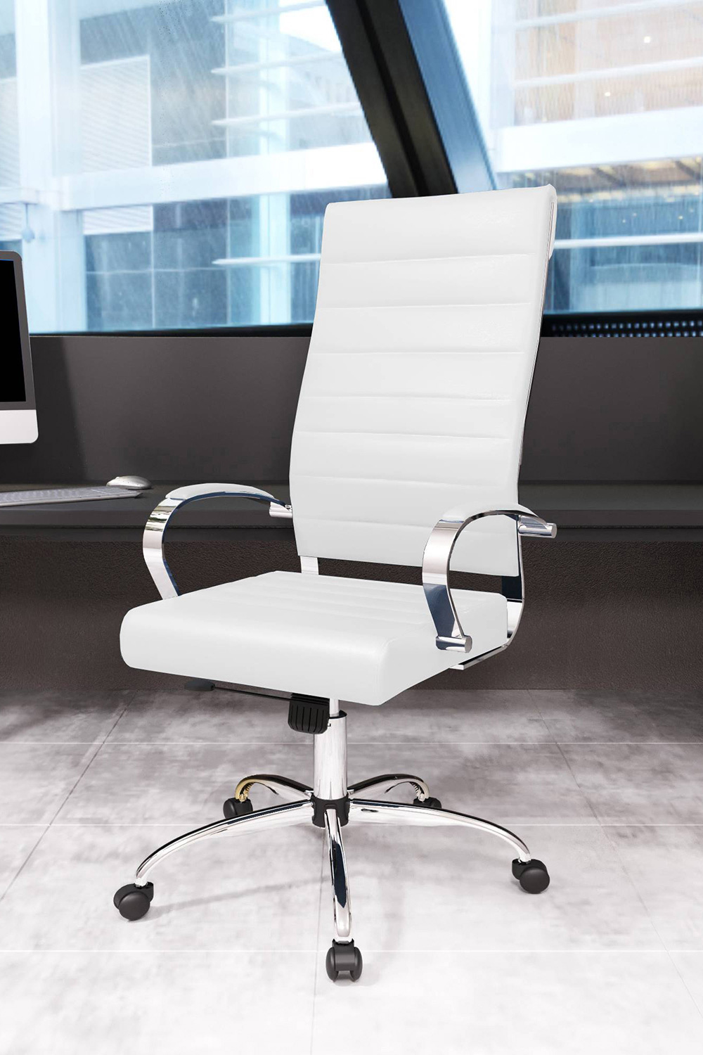 LeisureMod Benmar High-Back Home Leather Office Chair with Chrome Frame - White