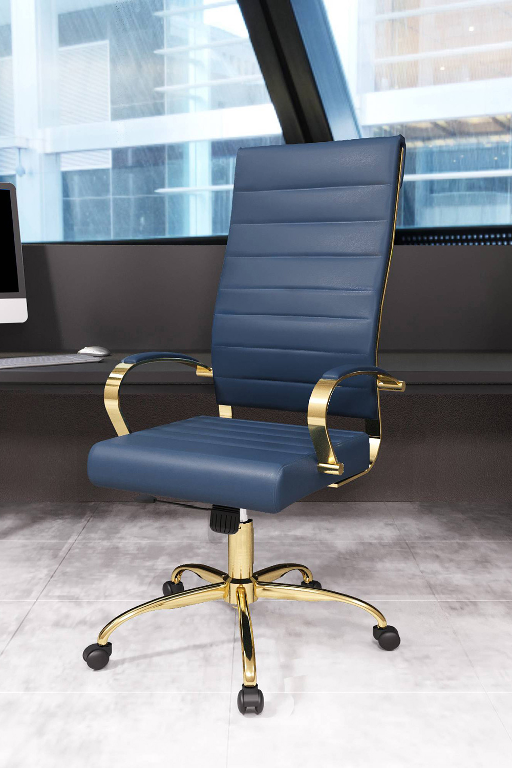 LeisureMod Benmar High-Back Leather Office Chair with Gold Frame - Navy Blue