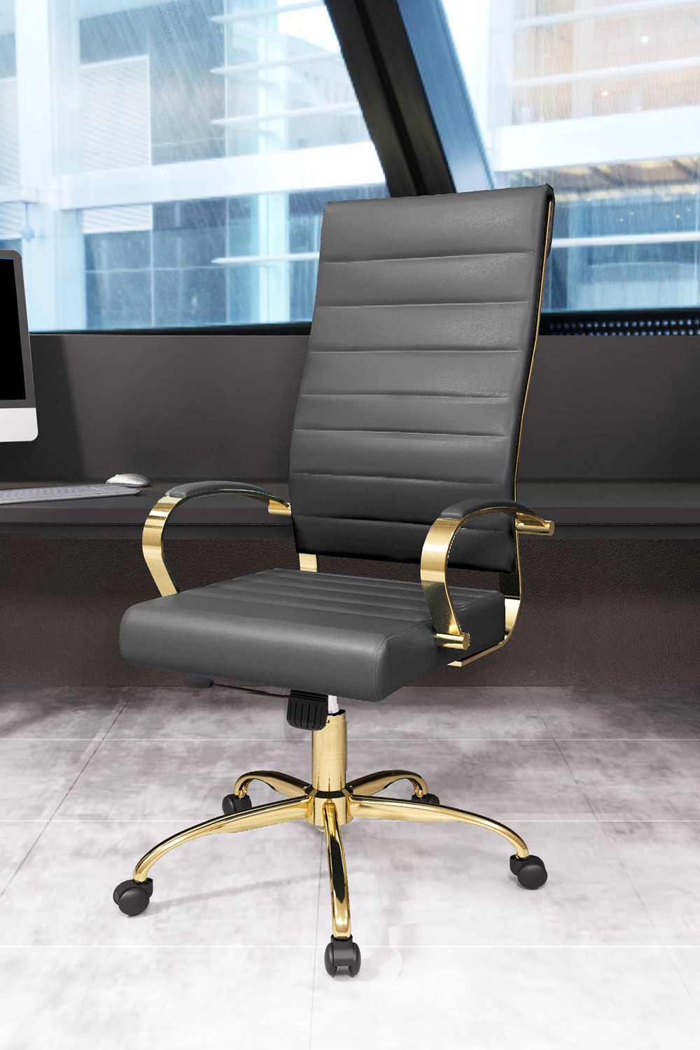 LeisureMod Benmar High-Back Leather Office Chair with Gold Frame - Gray