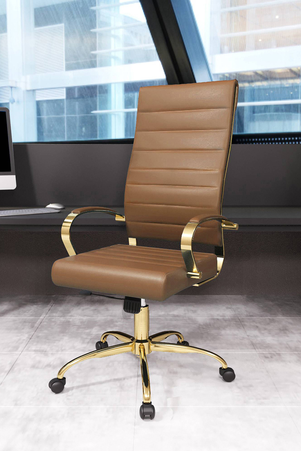 LeisureMod Benmar High-Back Leather Office Chair with Gold Frame - Light Brown