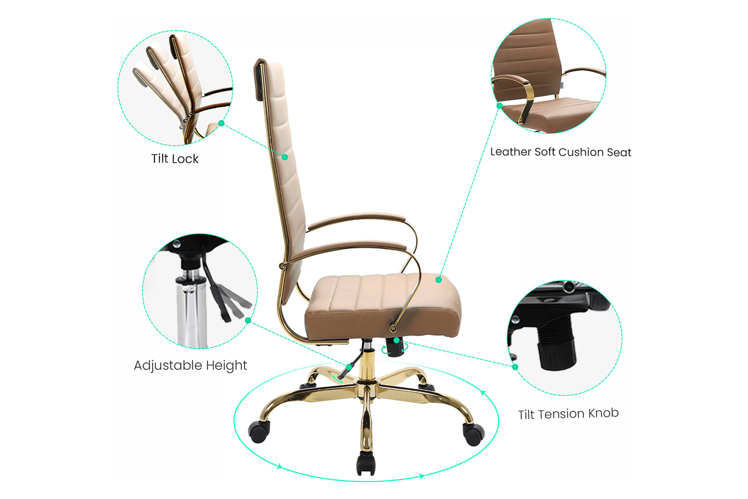 LeisureMod Benmar High-Back Leather Office Chair with Gold Frame - Light Brown