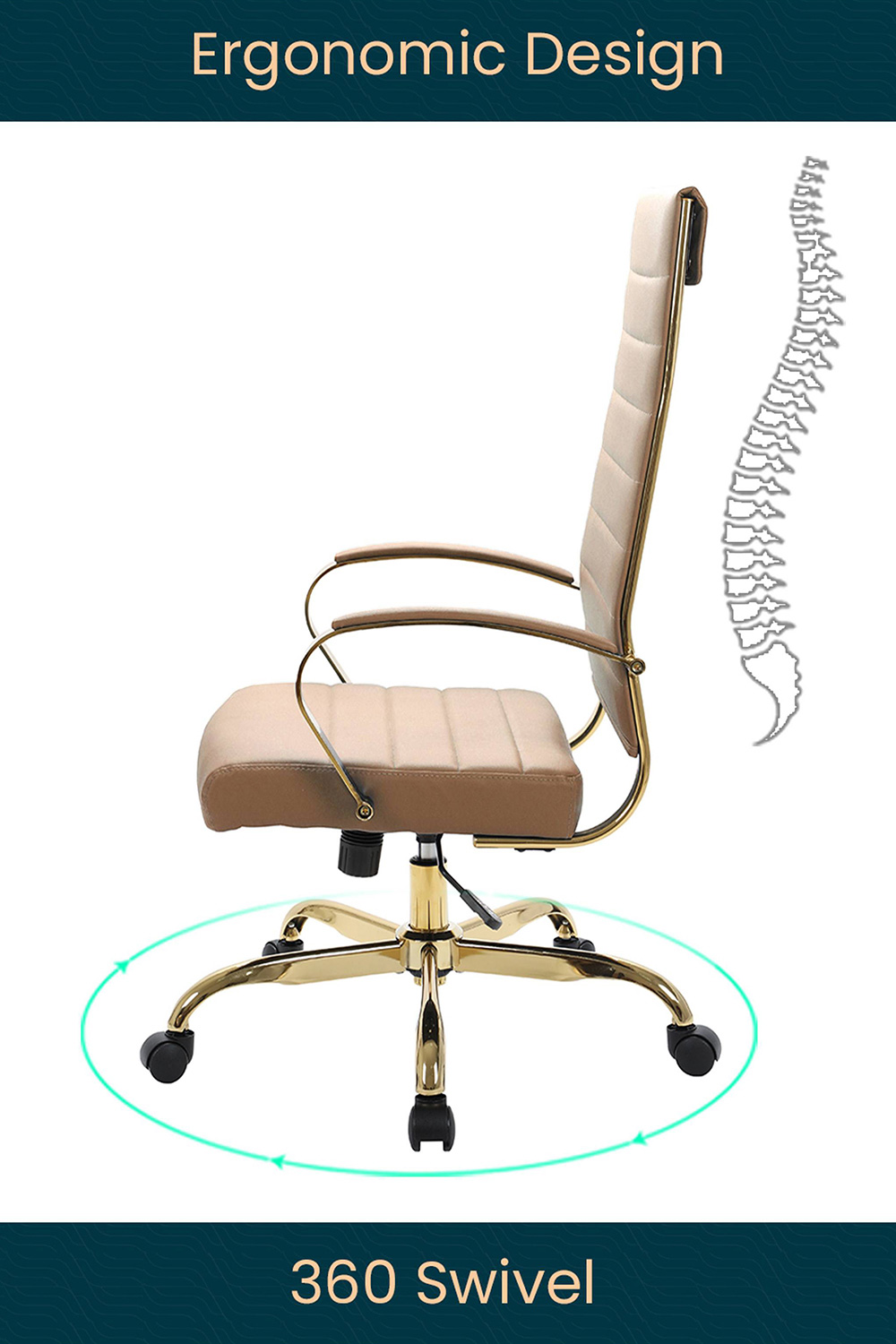 LeisureMod Benmar High-Back Leather Office Chair with Gold Frame - Light Brown