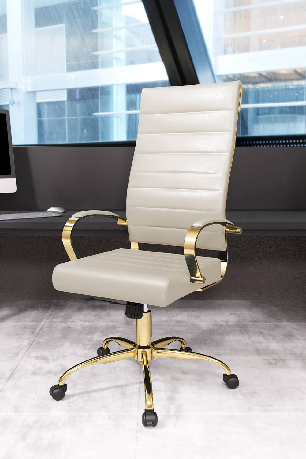 LeisureMod Benmar High-Back Leather Office Chair with Gold Frame - Tan
