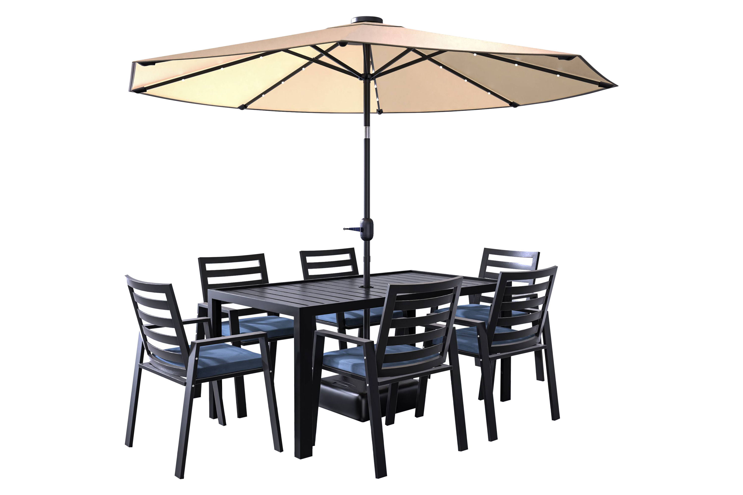 LeisureMod - Chelsea Modern 7-Piece Outdoor Dining Set in Black Aluminum with Removable Cushions