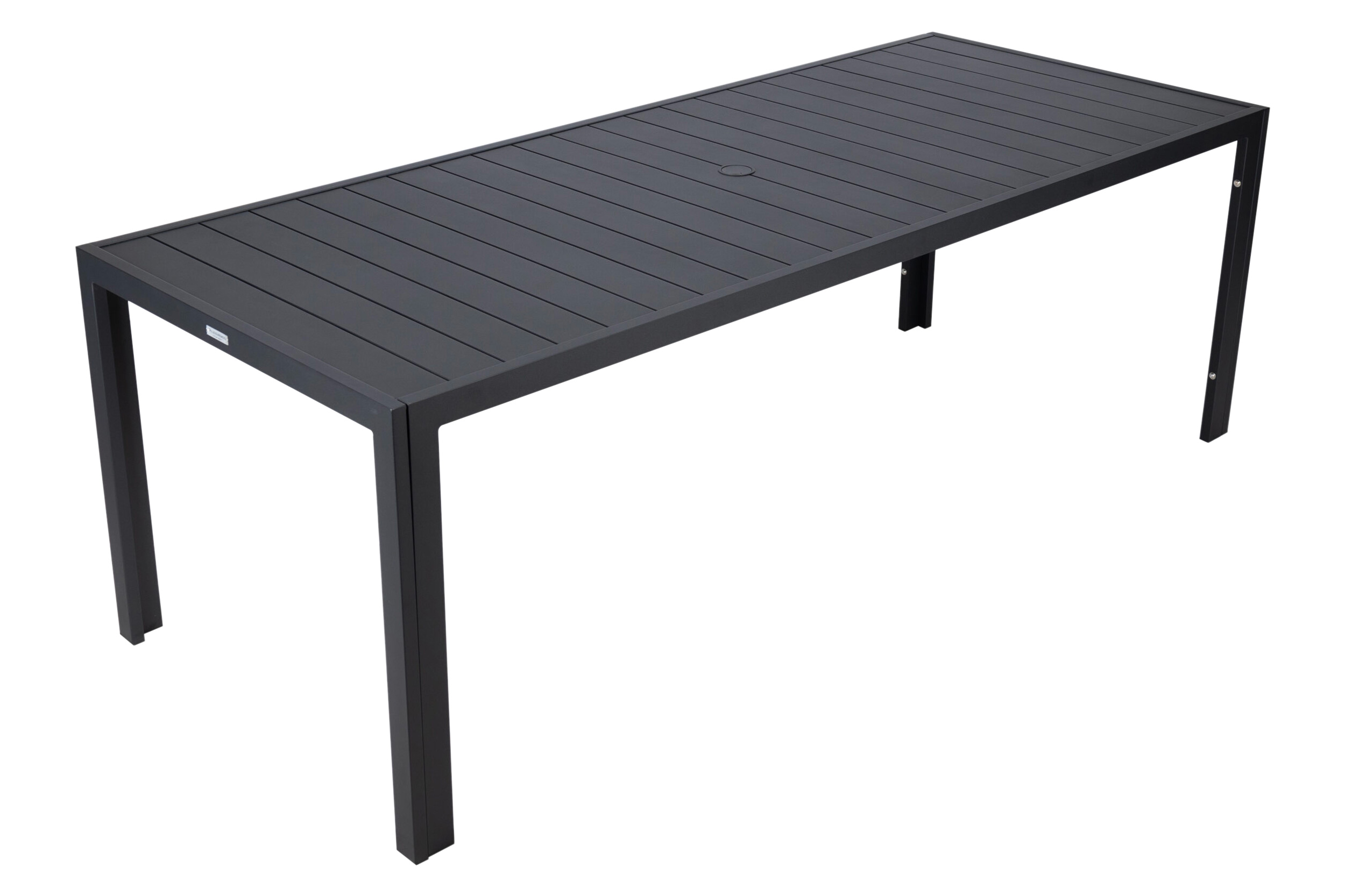 LeisureMod Chelsea Modern 9-Piece Outdoor Dining Set in Black Aluminum with Removable Cushions - Beige