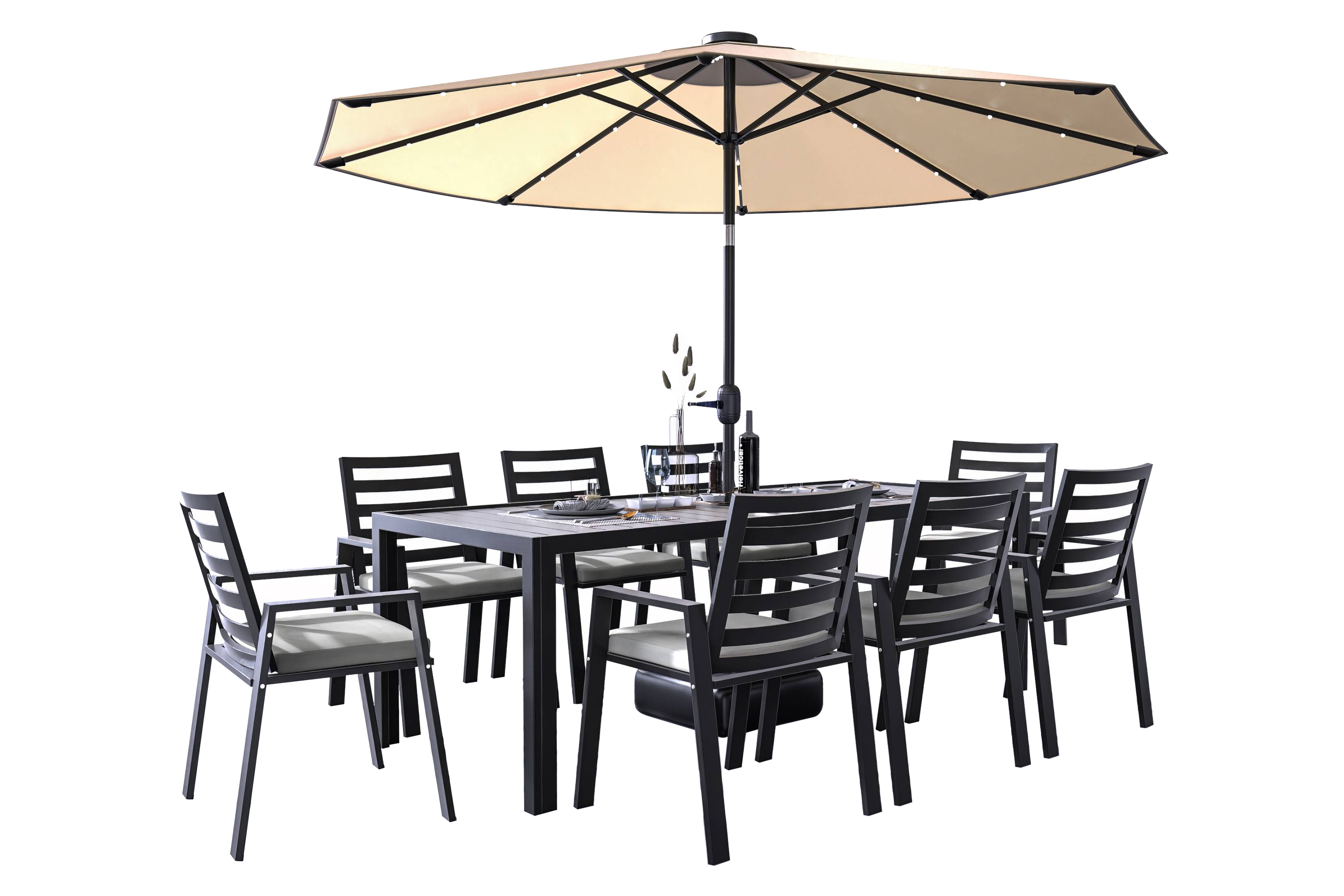 LeisureMod - Chelsea Modern 9-Piece Outdoor Dining Set in Black Aluminum with Removable Cushions
