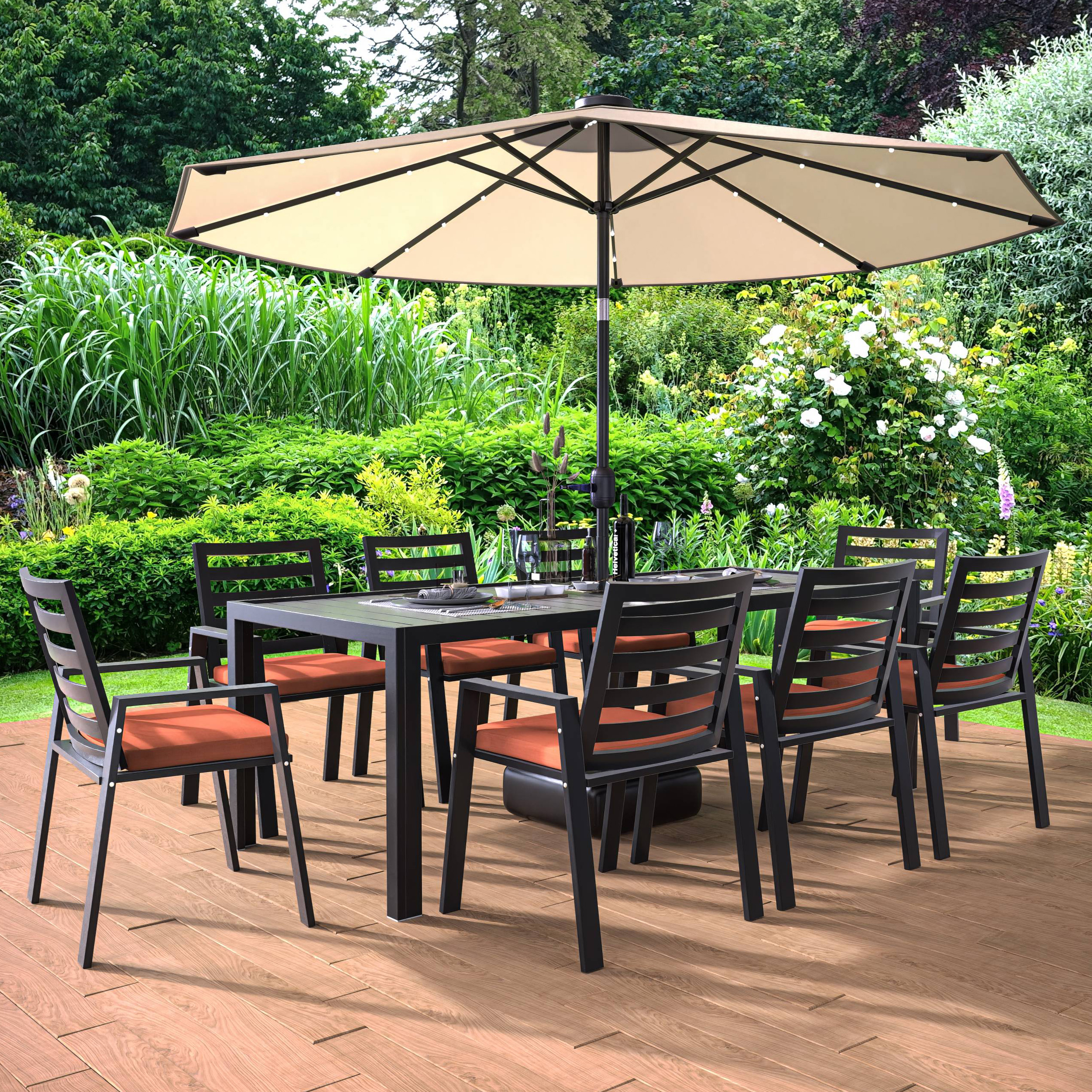LeisureMod Chelsea Modern 9-Piece Outdoor Dining Set in Black Aluminum with Removable Cushions - Orange