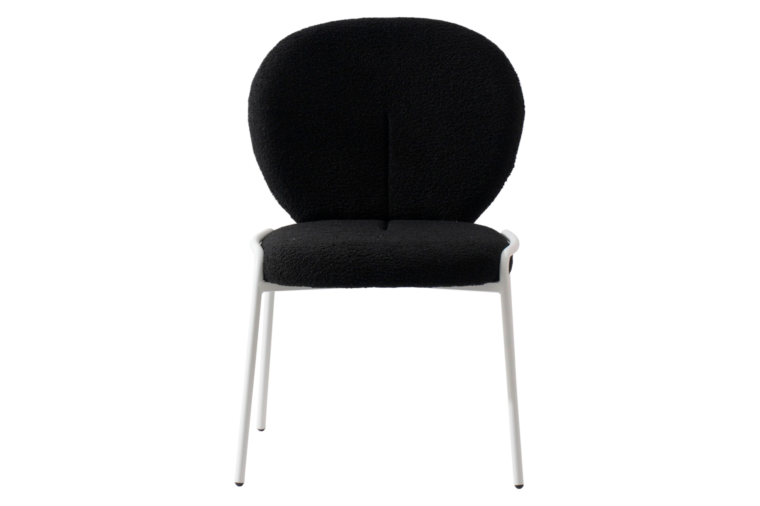 LeisureMod Celestial Mid-Century Modern Boucle Dining Side Chair with White Powder Coated Iron Frame - Black