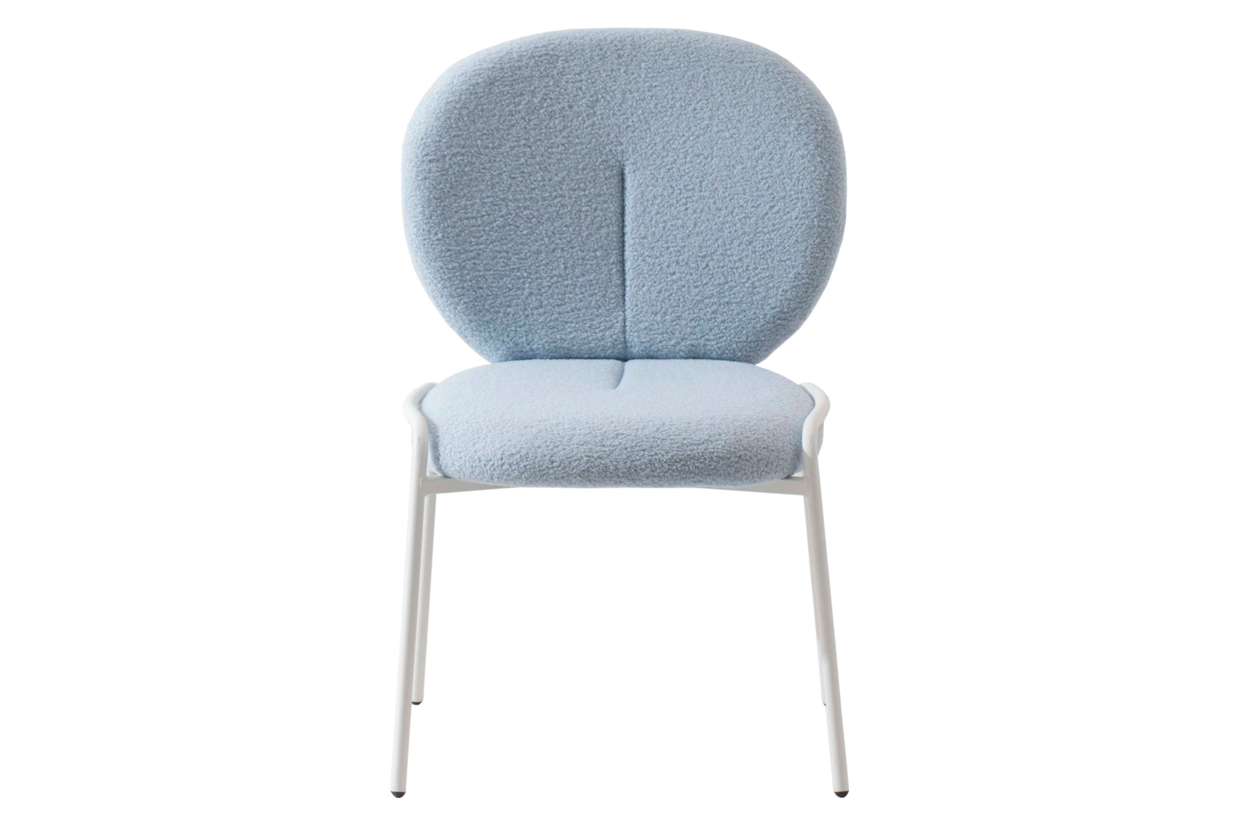 LeisureMod Celestial Mid-Century Modern Boucle Dining Side Chair with White Powder Coated Iron Frame - Blue
