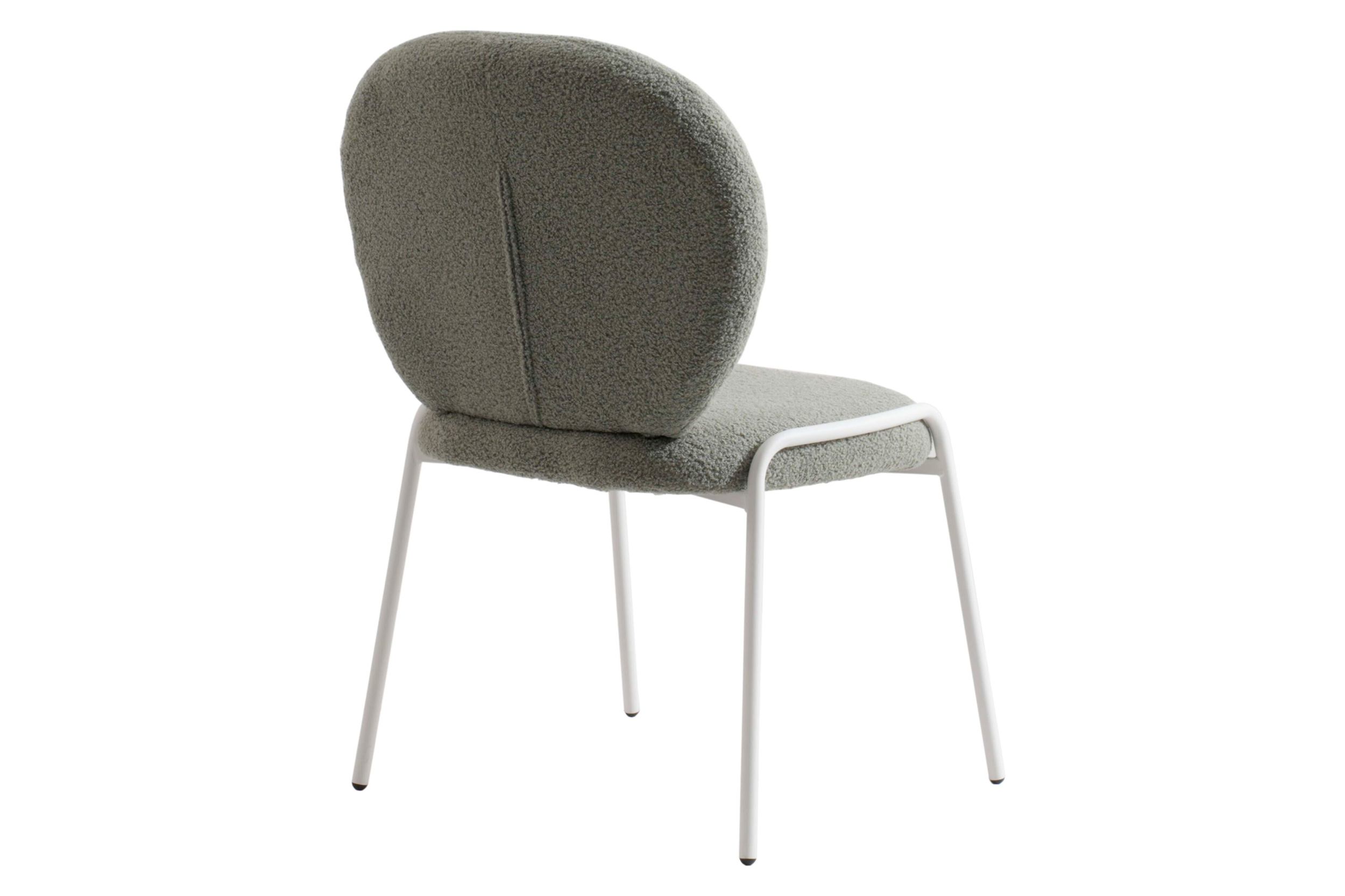 LeisureMod Celestial Mid-Century Modern Boucle Dining Side Chair with White Powder Coated Iron Frame - Green