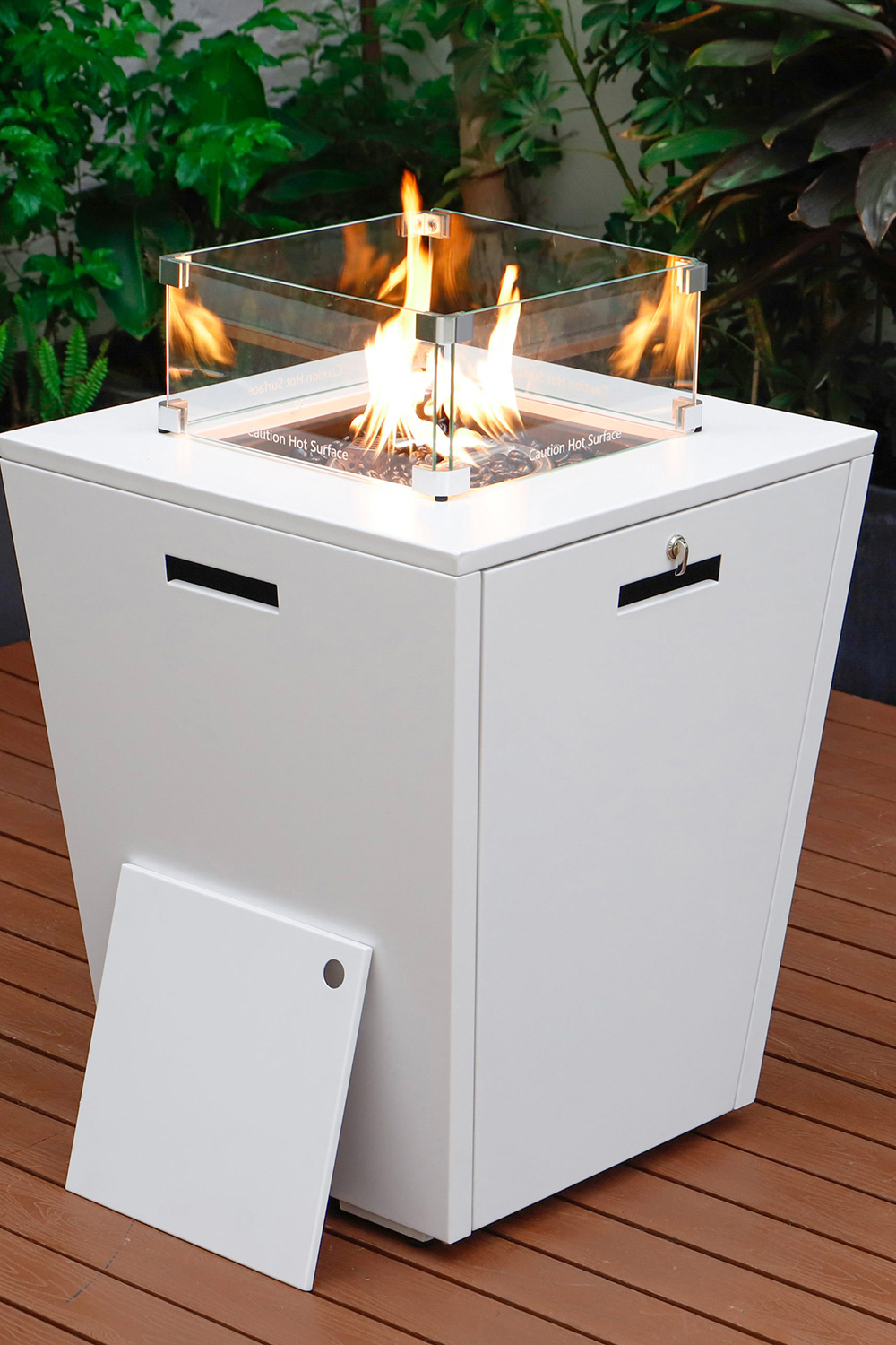 LeisureMod Chelsea Aluminum Patio Modern Propane Fire Pit Side Table - White