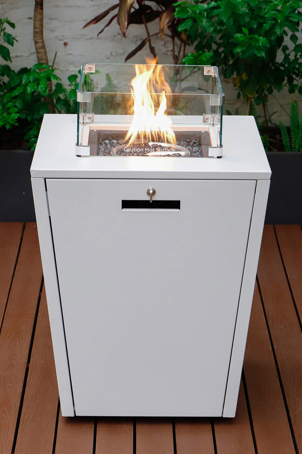 LeisureMod Chelsea Aluminum Patio Modern Propane Fire Pit Side Table - White