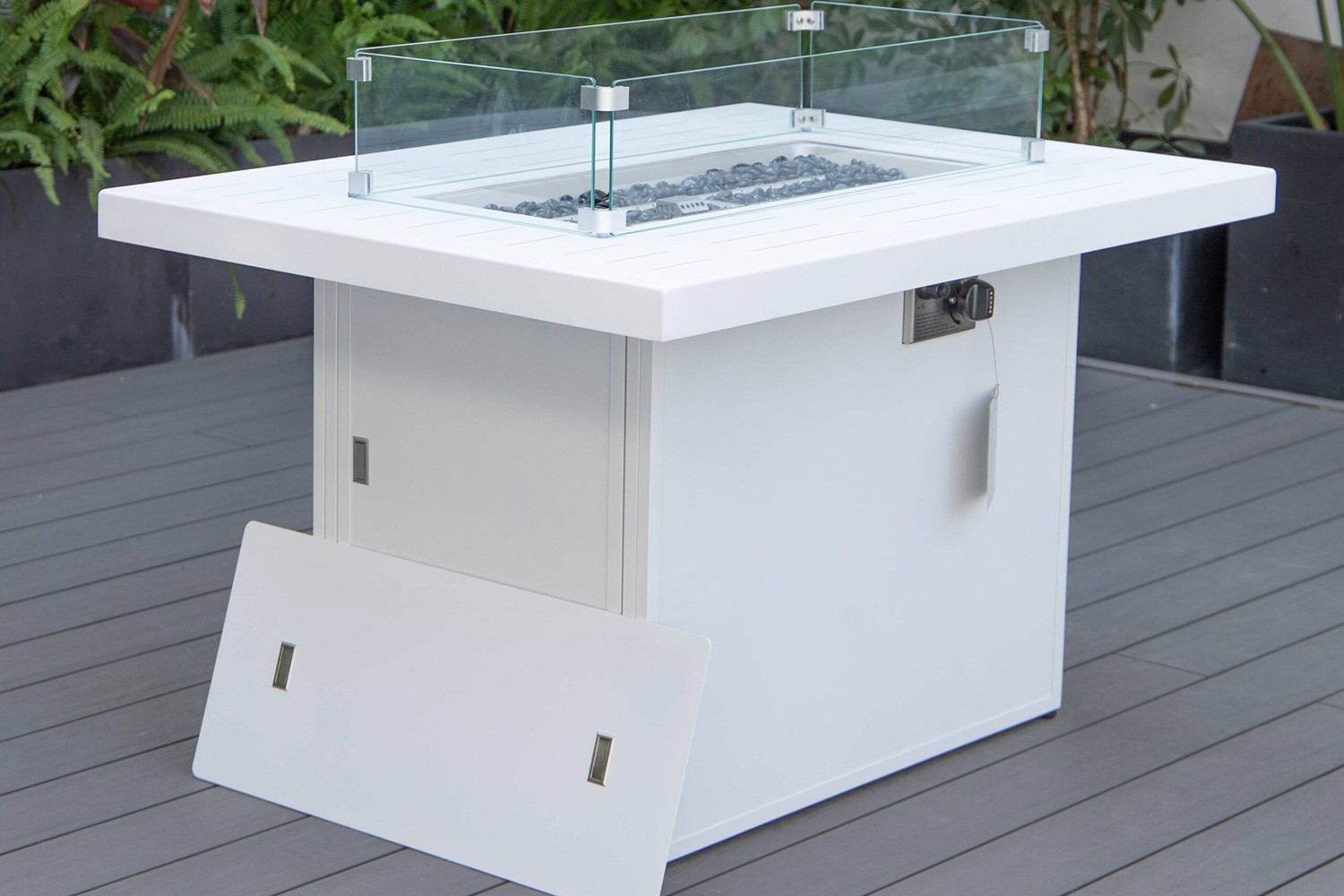 LeisureMod Chelsea Patio Modern Black Aluminum Propane Fire Pit Table - White