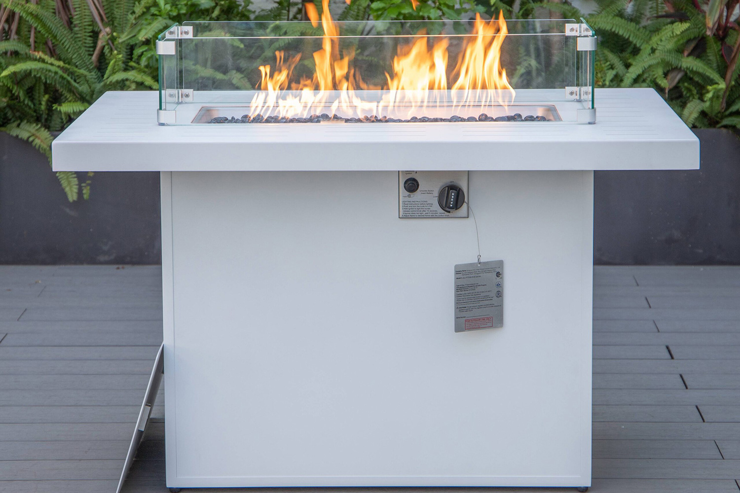 LeisureMod Chelsea Patio Modern Black Aluminum Propane Fire Pit Table - White