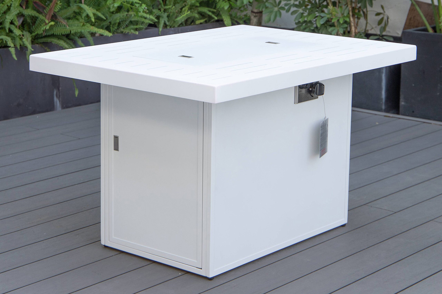 LeisureMod Chelsea Patio Modern Black Aluminum Propane Fire Pit Table - White