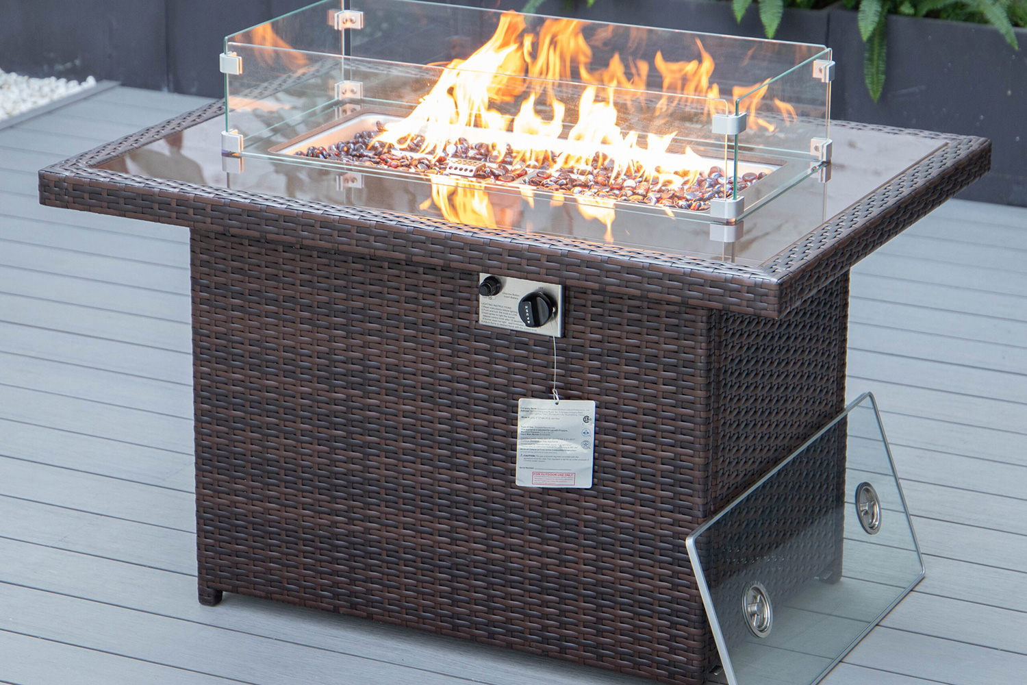 LeisureMod Mace Patio Modern Wicker Propane Fire Pit Table - Dark Brown