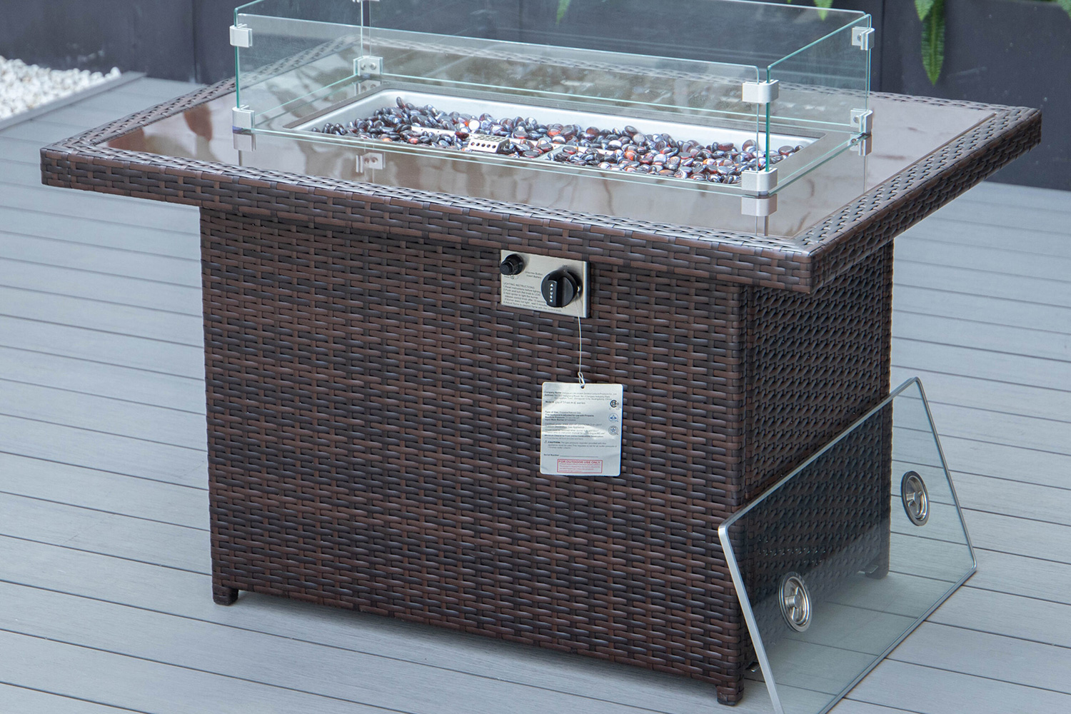 LeisureMod Mace Patio Modern Wicker Propane Fire Pit Table - Dark Brown