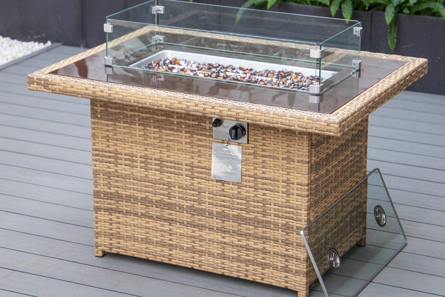 LeisureMod Mace Patio Modern Wicker Propane Fire Pit Table - Light Brown