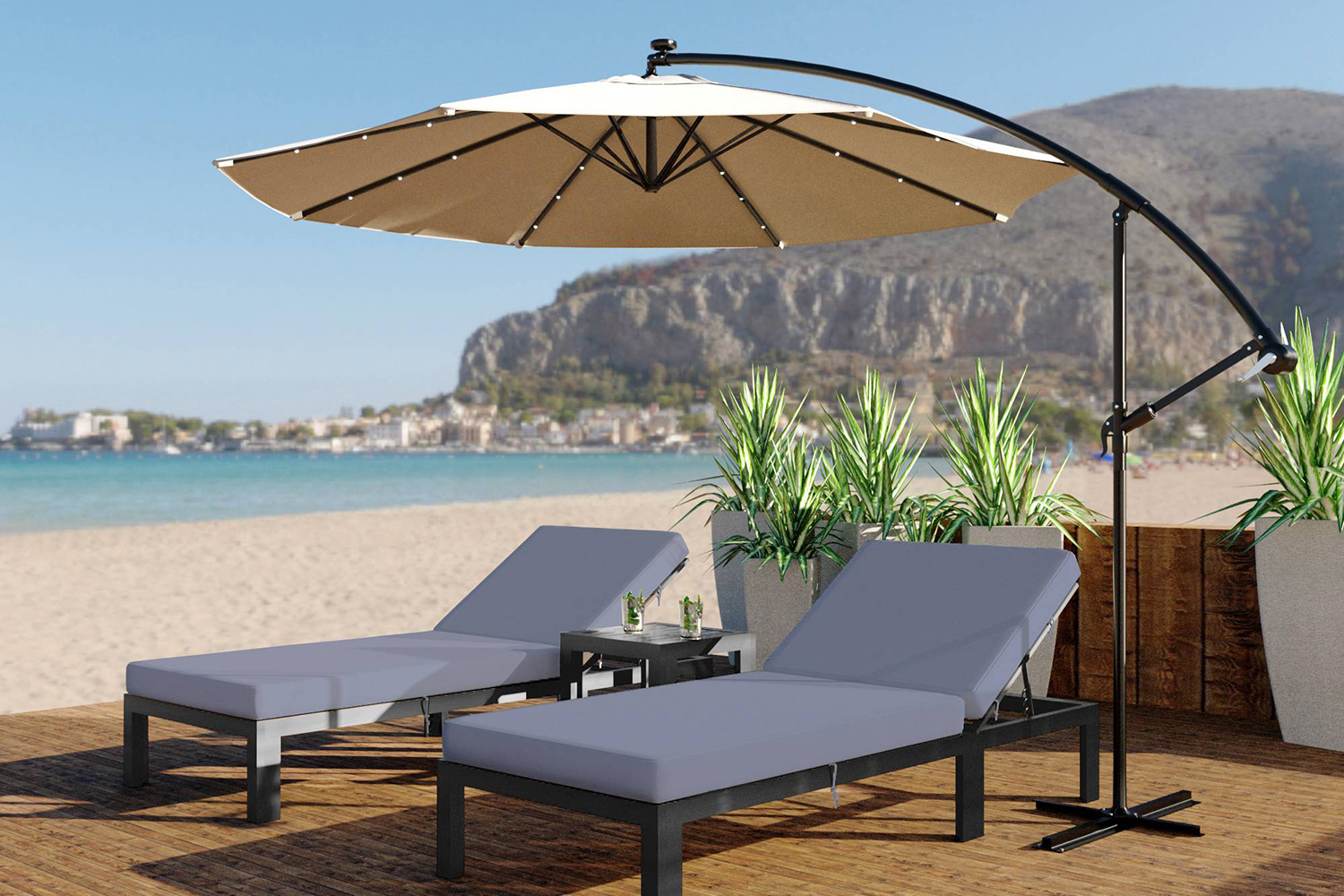 LeisureMod Chelsea Modern Outdoor Black Chaise Lounge Chair with Cushions - Blue