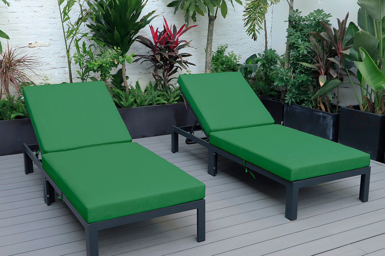 LeisureMod Chelsea Modern Outdoor Black Chaise Lounge Chair with Cushions (Set Of 2) - Green