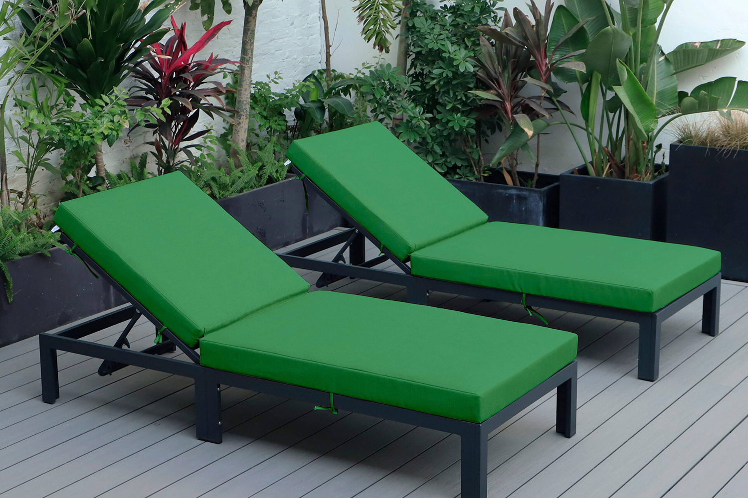 LeisureMod Chelsea Modern Outdoor Black Chaise Lounge Chair with Cushions (Set Of 2) - Green