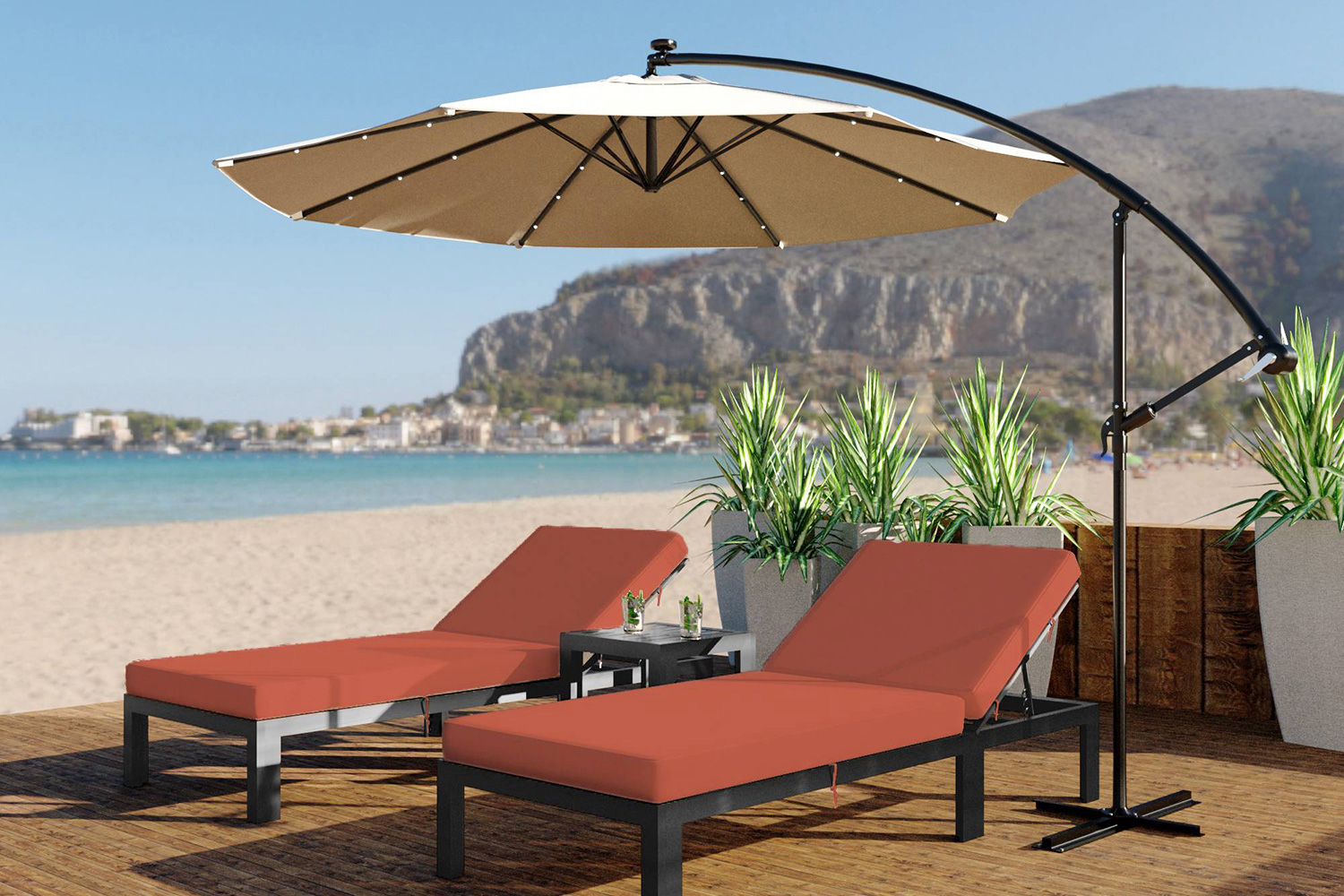 LeisureMod Chelsea Modern Outdoor Black Chaise Lounge Chair with Cushions - Orange