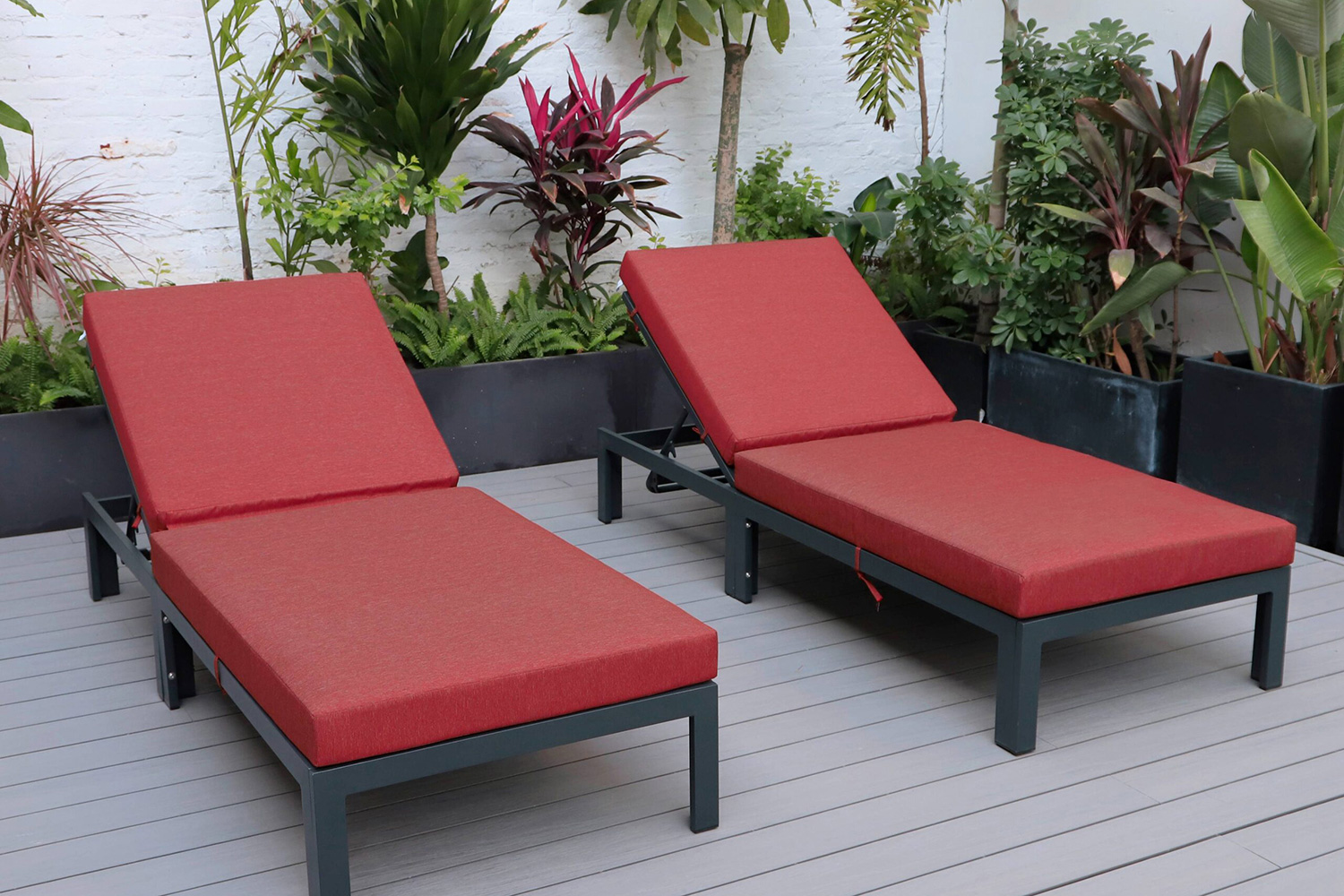 LeisureMod Chelsea Modern Outdoor Black Chaise Lounge Chair with Cushions (Set Of 2) - Red