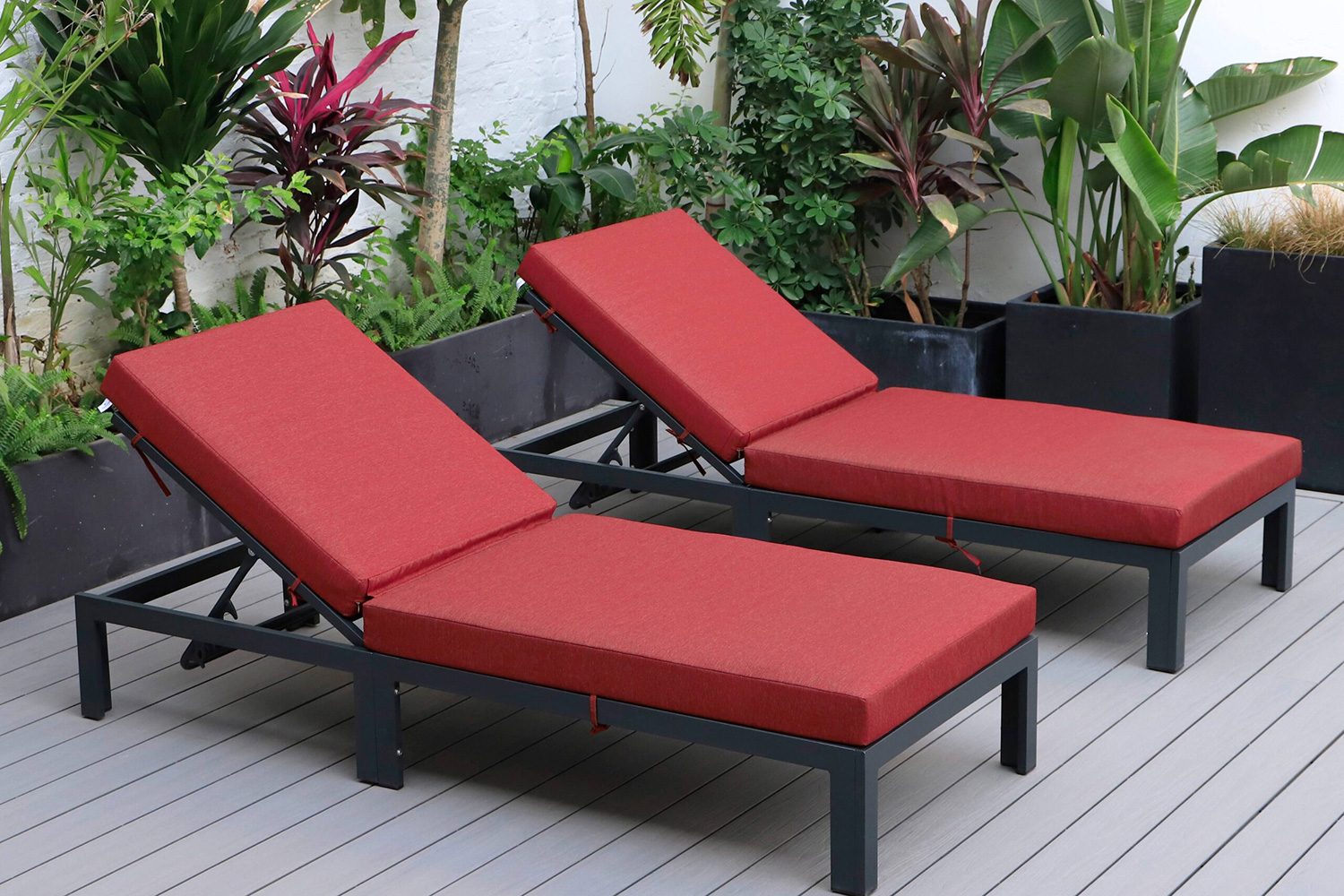 LeisureMod Chelsea Modern Outdoor Black Chaise Lounge Chair with Cushions (Set Of 2) - Red