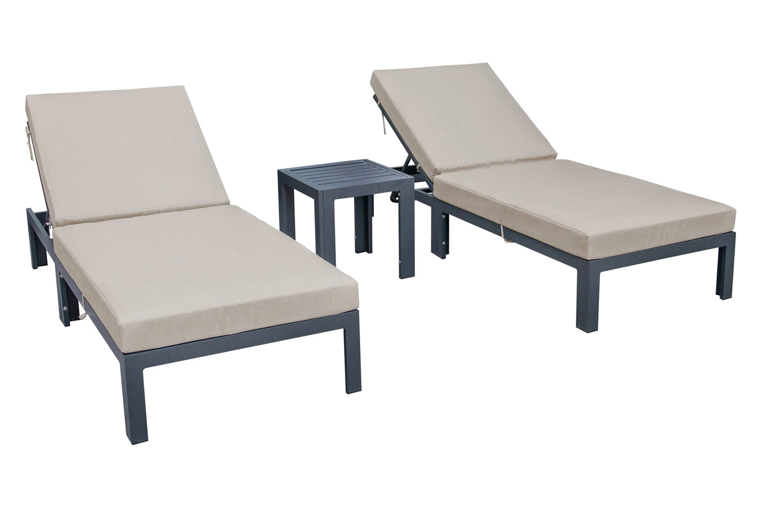 LeisureMod Chelsea Modern Outdoor Black Chaise Lounge with Side Table and Cushions (Set Of 2) - Beige