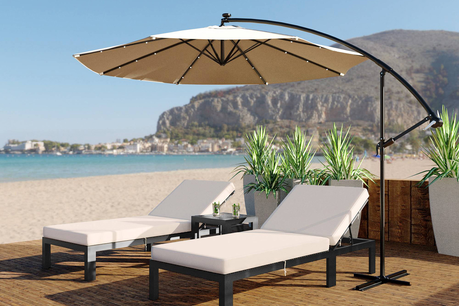 LeisureMod Chelsea Modern Outdoor Black Chaise Lounge with Side Table and Cushions (Set Of 2) - Beige