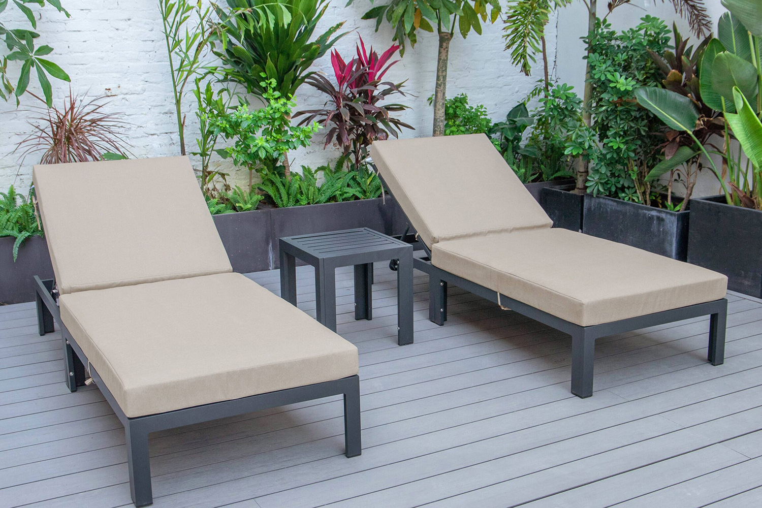 LeisureMod Chelsea Modern Outdoor Black Chaise Lounge with Side Table and Cushions (Set Of 2) - Beige