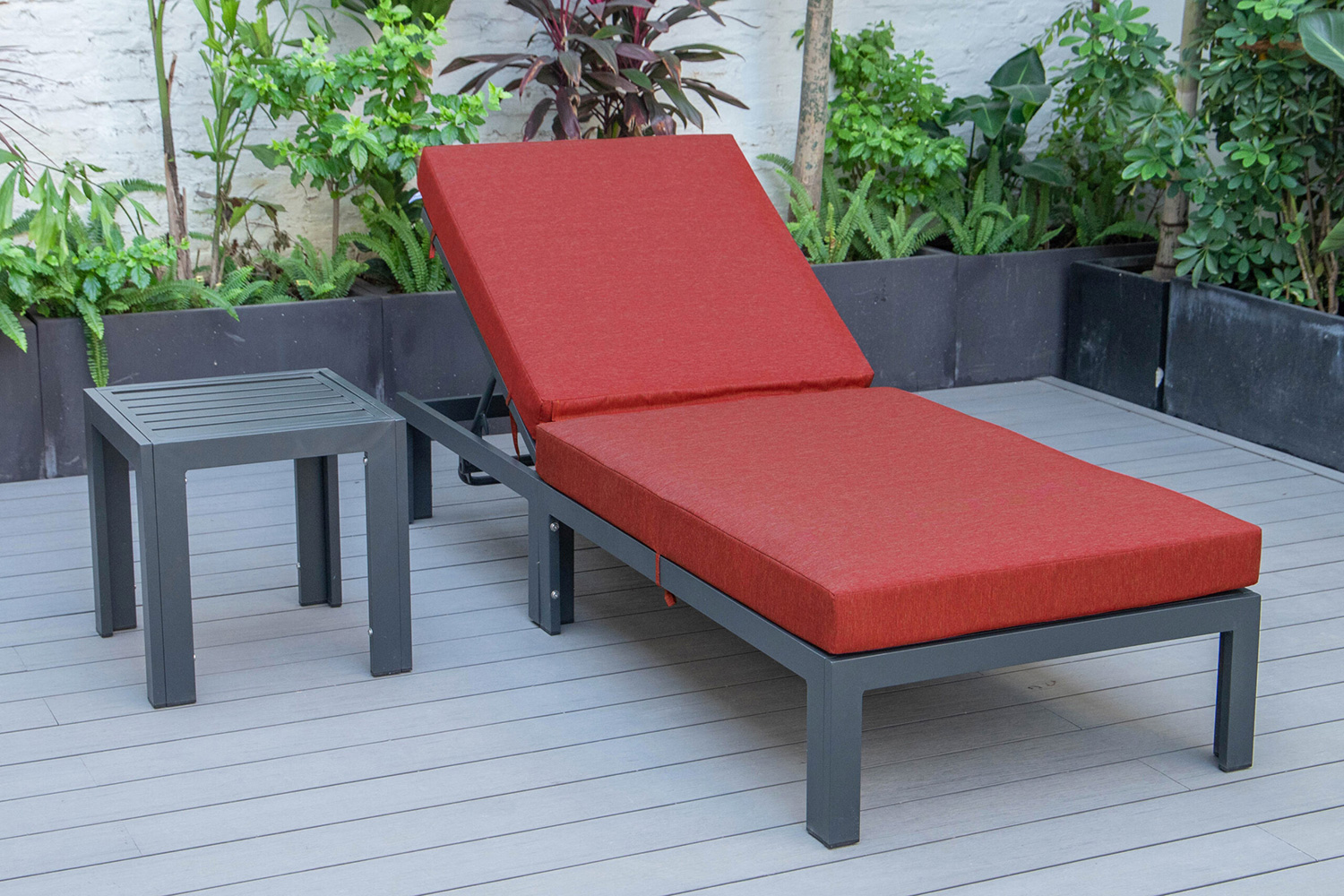 LeisureMod Chelsea Modern Outdoor Black Chaise Lounge Chair with Side Table and Cushions - Red