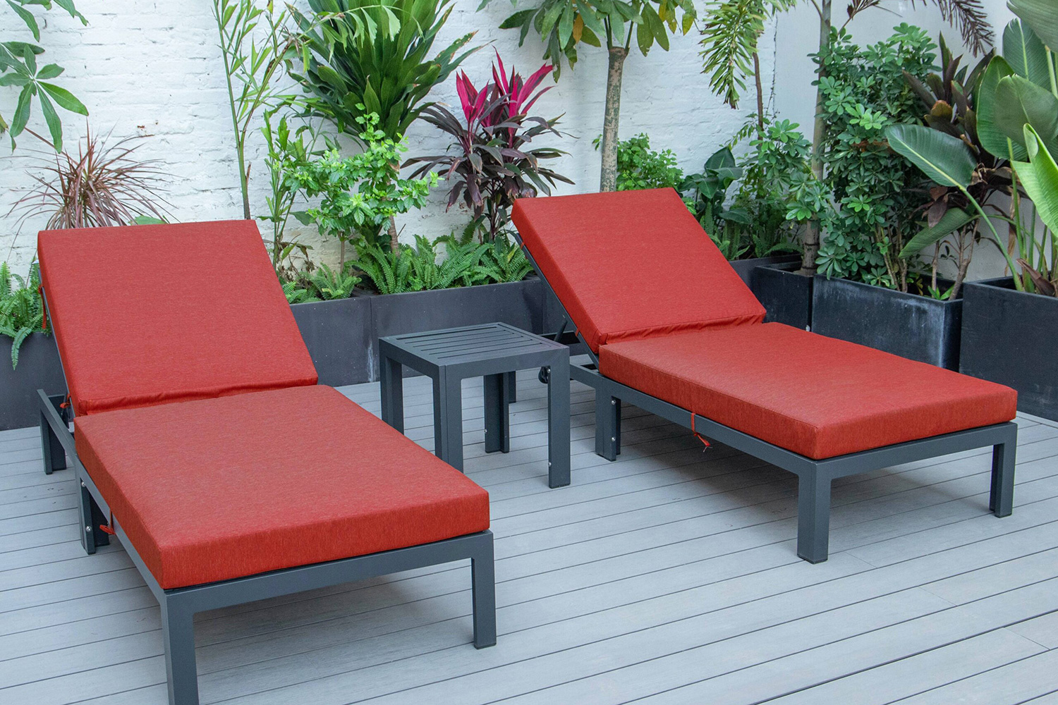 LeisureMod Chelsea Modern Outdoor Black Chaise Lounge with Side Table and Cushions (Set Of 2) - Red
