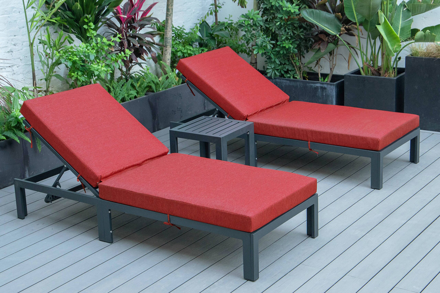 LeisureMod Chelsea Modern Outdoor Black Chaise Lounge with Side Table and Cushions (Set Of 2) - Red