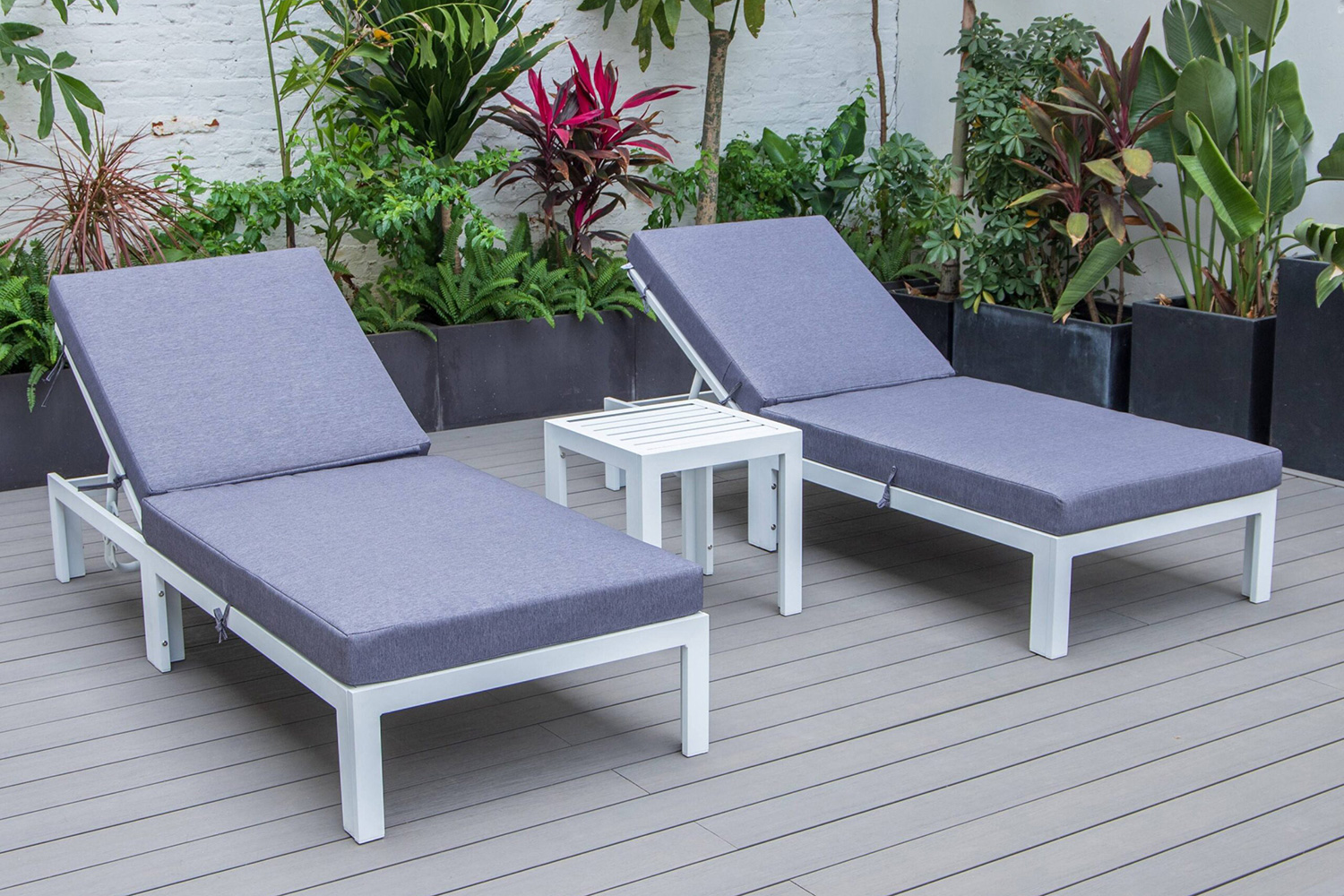 LeisureMod Chelsea Modern Outdoor White Chaise Lounge with Side Table and Cushions (Set Of 2) - Blue