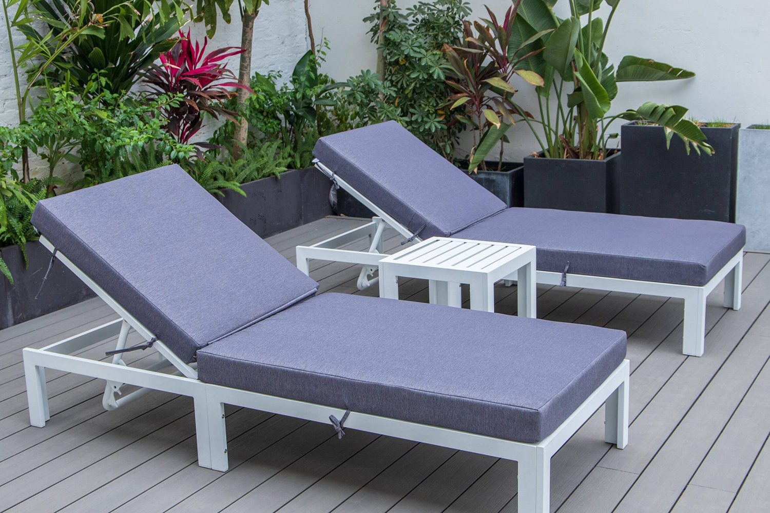 LeisureMod Chelsea Modern Outdoor White Chaise Lounge with Side Table and Cushions (Set Of 2) - Blue