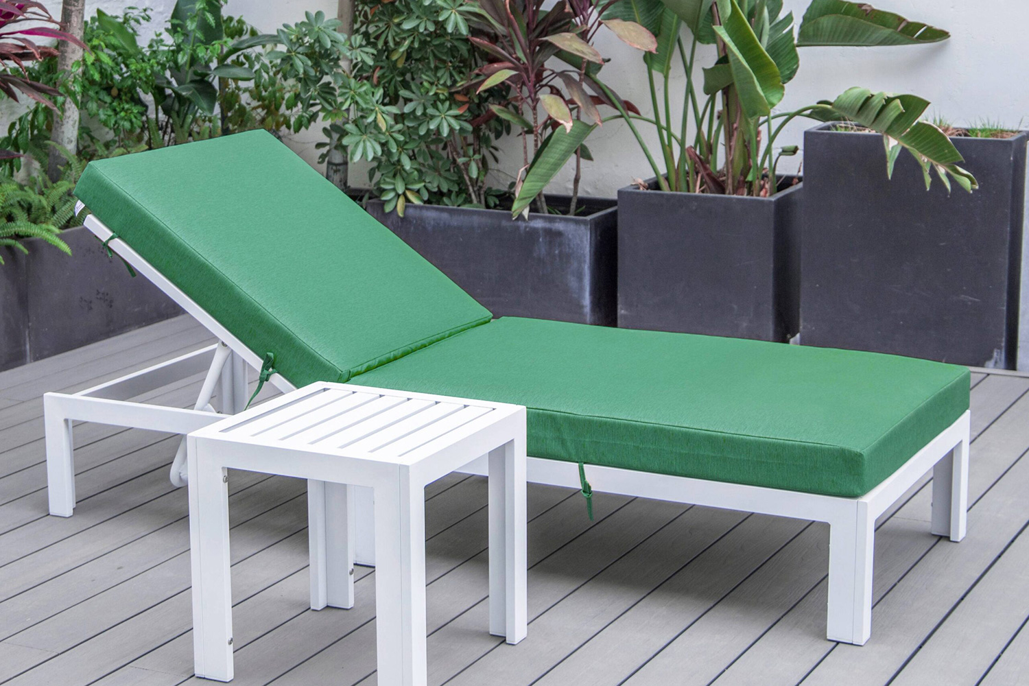 LeisureMod Chelsea Modern Outdoor White Chaise Lounge Chair with Side Table and Cushions - Green