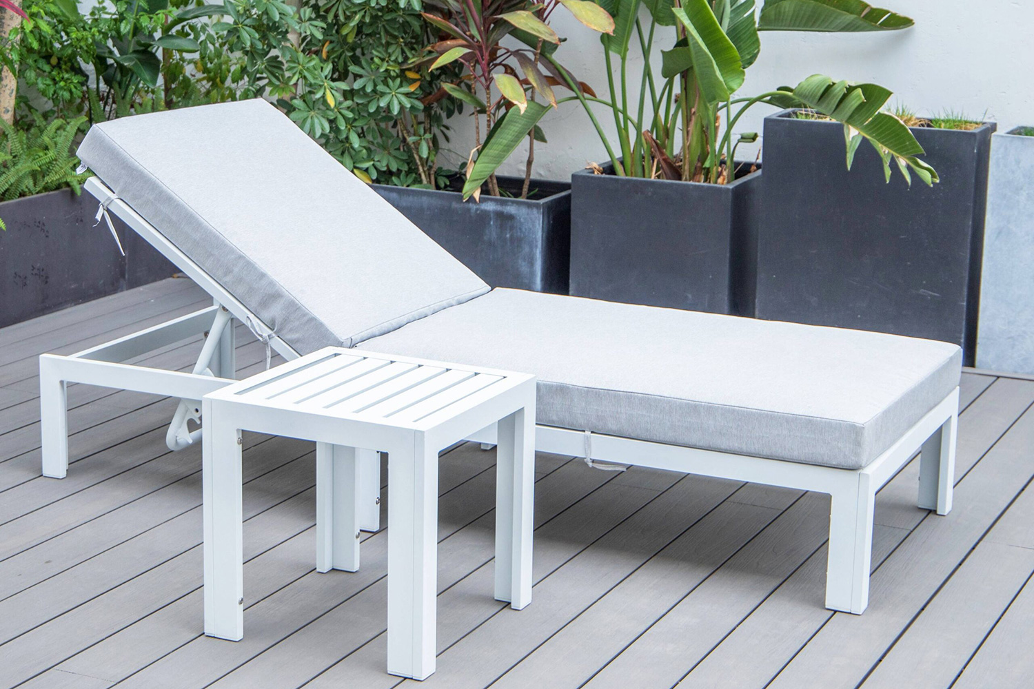 LeisureMod Chelsea Modern Outdoor White Chaise Lounge Chair with Side Table and Cushions - Light Gray